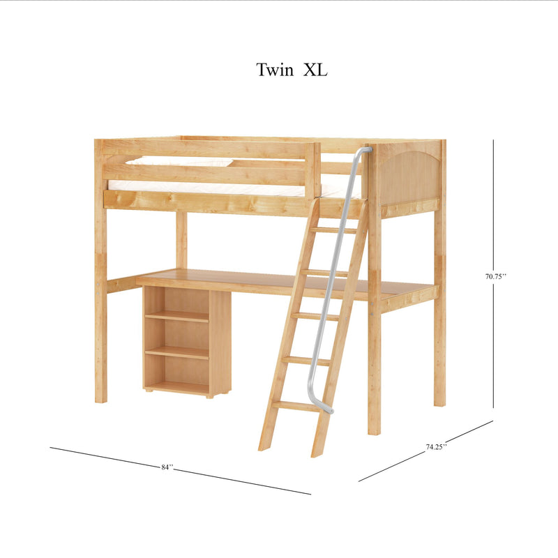 KNOCKOUT8 XL NP : Loft Bed Twin XL High Loft w/angled ladder, long desk, 22.5" low bookcase, Panel, Natural