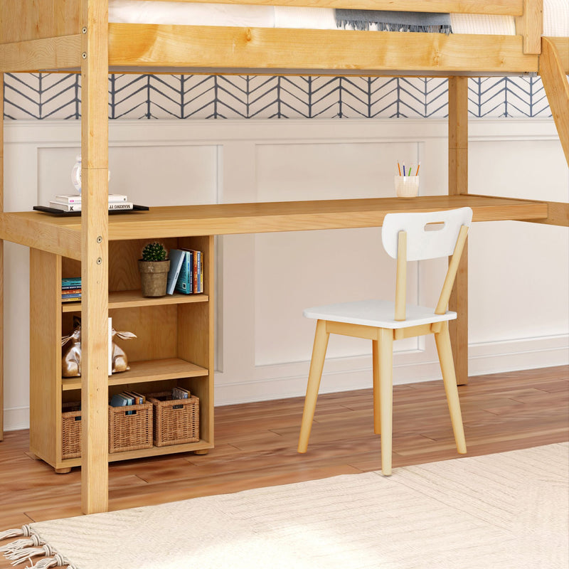 KNOCKOUT8 XL NP : Loft Bed Twin XL High Loft w/angled ladder, long desk, 22.5" low bookcase, Panel, Natural