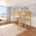 KNOCKOUT8 XL NP : Loft Bed Twin XL High Loft w/angled ladder, long desk, 22.5" low bookcase, Panel, Natural