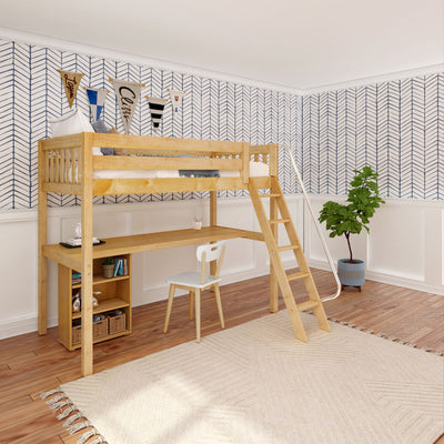 KNOCKOUT8 XL NS : Loft Bed Twin XL High Loft w/angled ladder, long desk, 22.5" low bookcase, Slat, Natural