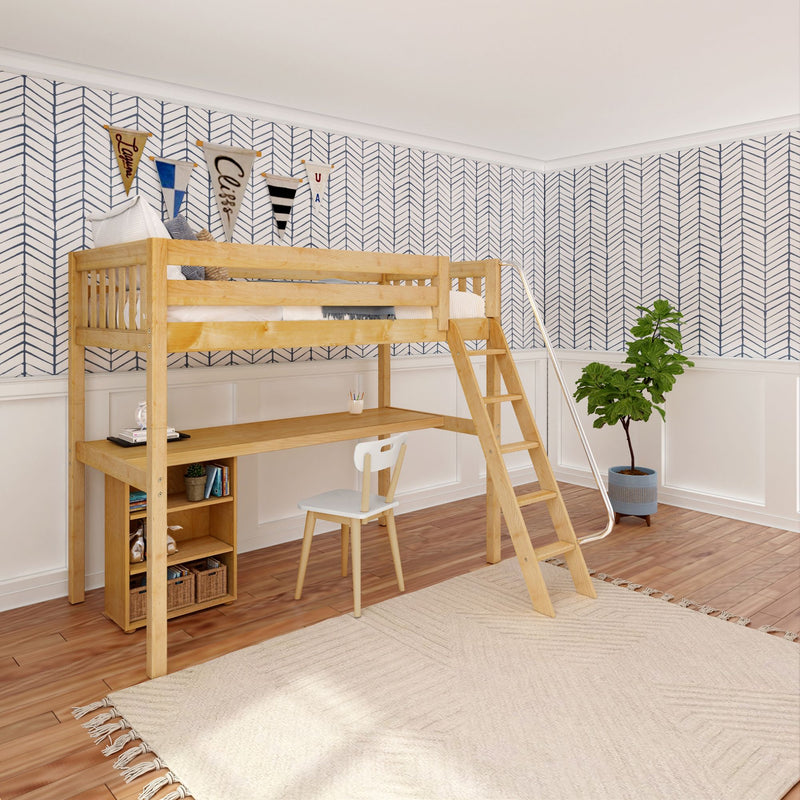 KNOCKOUT8 XL NS : Loft Bed Twin XL High Loft w/angled ladder, long desk, 22.5" low bookcase, Slat, Natural
