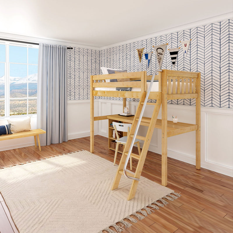 KNOCKOUT8 XL NS : Loft Bed Twin XL High Loft w/angled ladder, long desk, 22.5" low bookcase, Slat, Natural