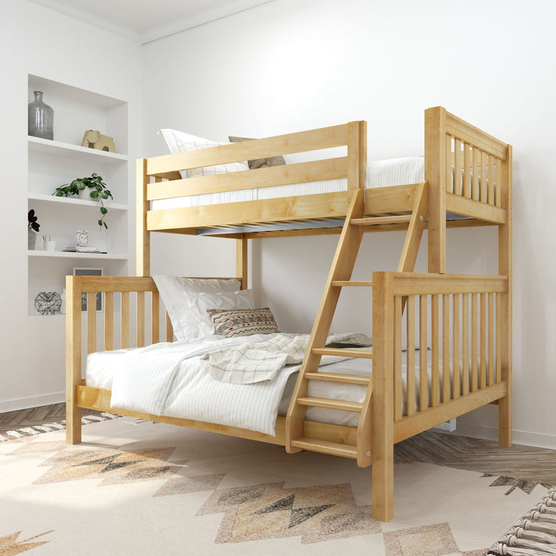 LAVISH XL NS : Bunk Bed Classic High Twin XL over Queen Bunk Bed with Angled Ladder on Front, Natural Birch Slats