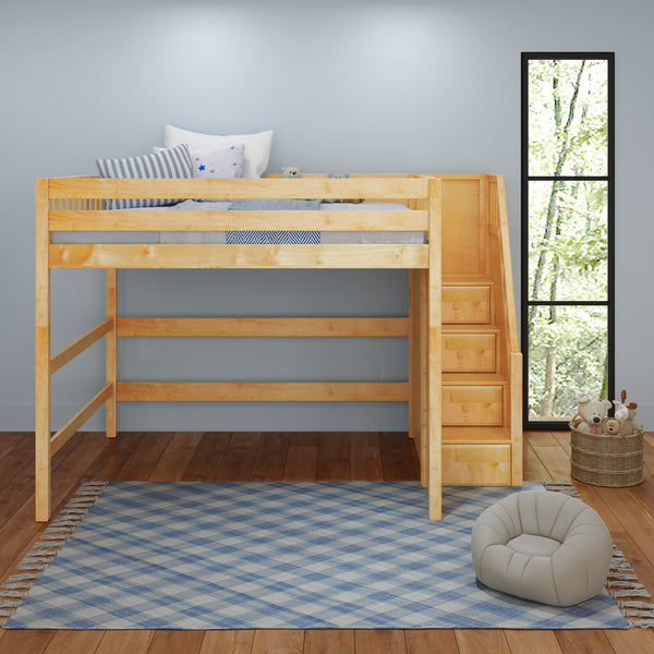 MAMMOTH XL NS : Loft Bed Queen High Loft Bed with Stairs on End, Natural Birch Slats