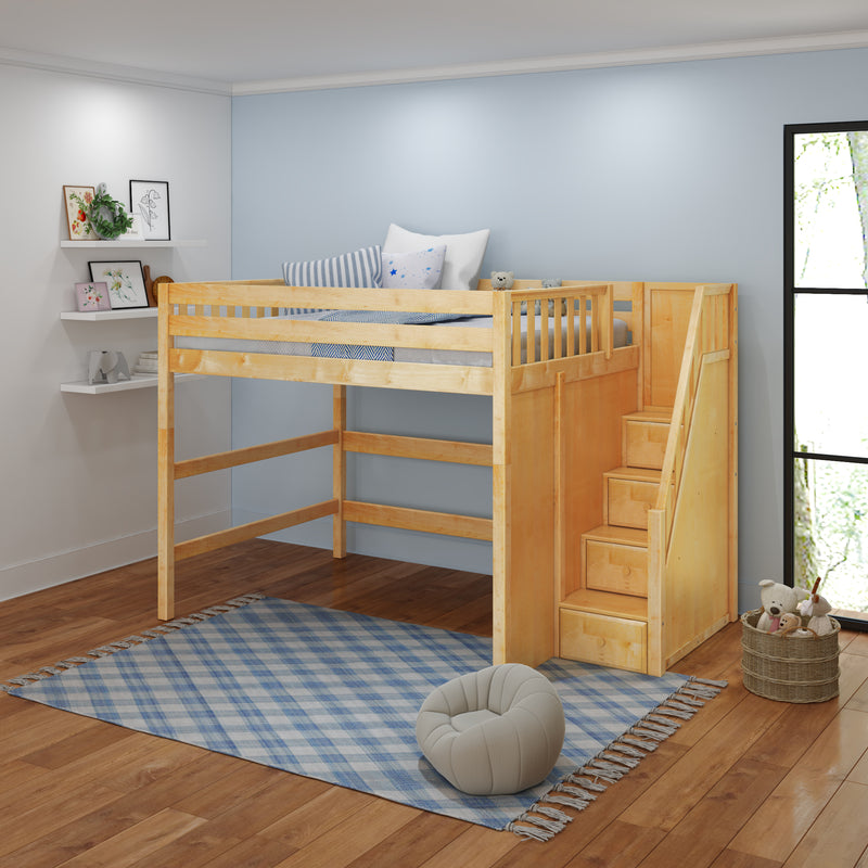 MAMMOTH XL NS : Loft Bed Queen High Loft Bed with Stairs on End, Natural Birch Slats