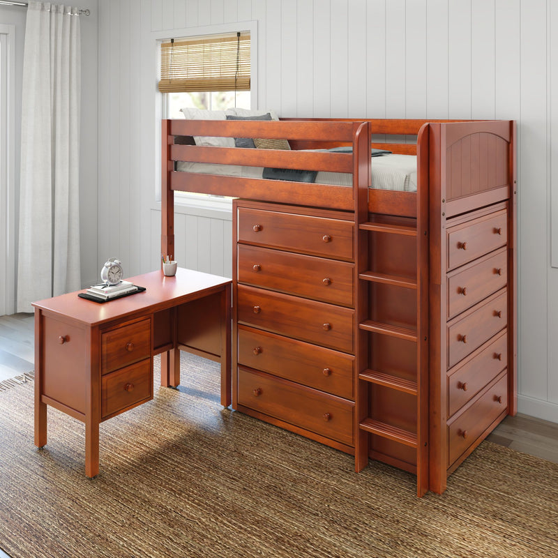 MASTER21 CP : Loft Bed Twin High Loft Bed with Straight Ladder on Front with Desk and 2 x Dresser - Panel, Chestnut