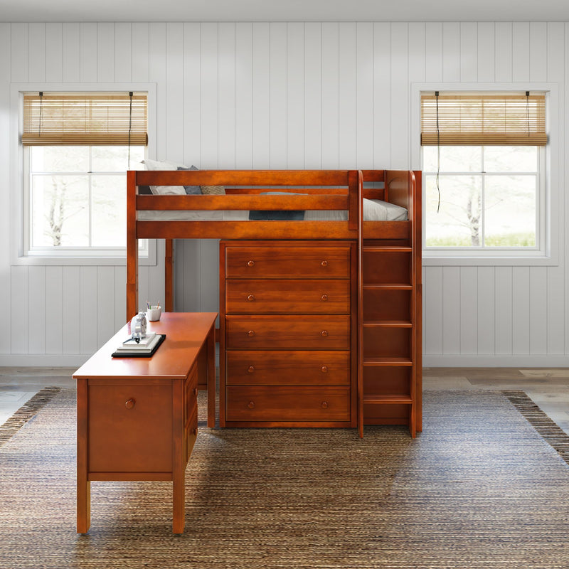 MASTER21 CP : Loft Bed Twin High Loft Bed with Straight Ladder on Front with Desk and 2 x Dresser - Panel, Chestnut