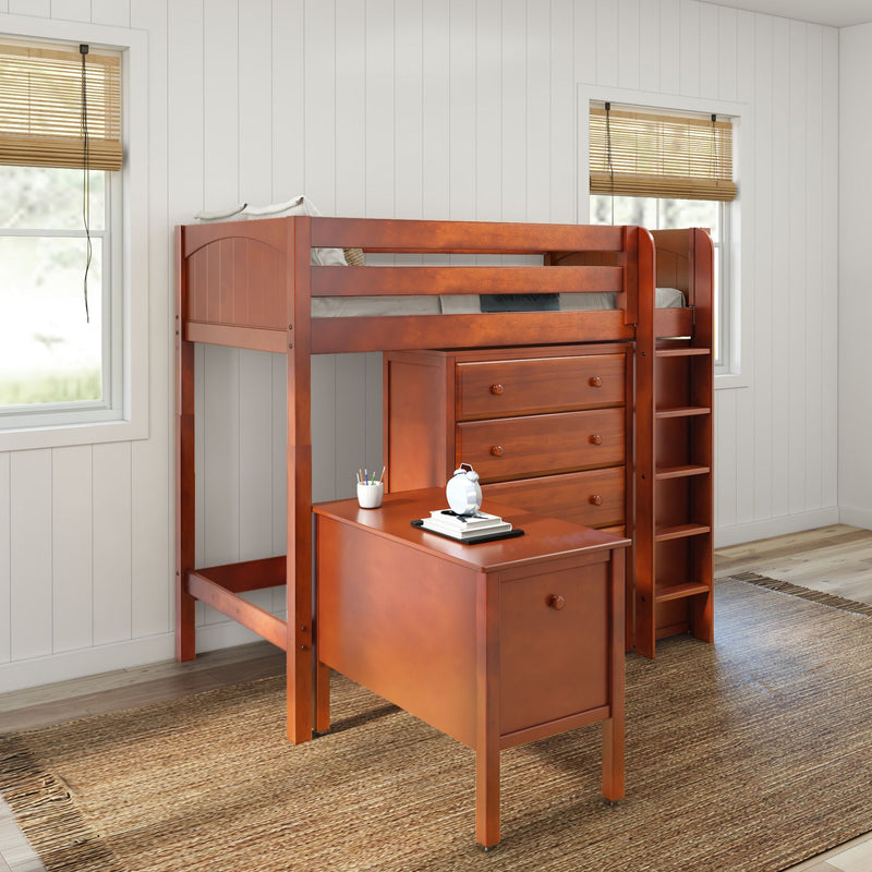 MASTER21 CP : Loft Bed Twin High Loft Bed with Straight Ladder on Front with Desk and 2 x Dresser - Panel, Chestnut