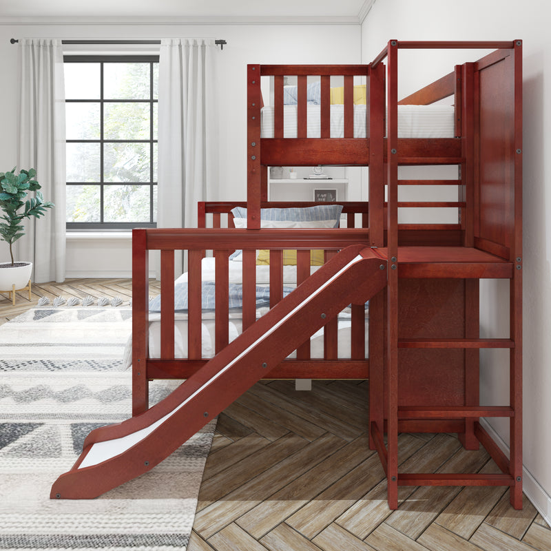 MELD XL CS : Bunk Bed Twin XL over Queen High Bunk Bed with Slide Platform, Slat, Chestnut