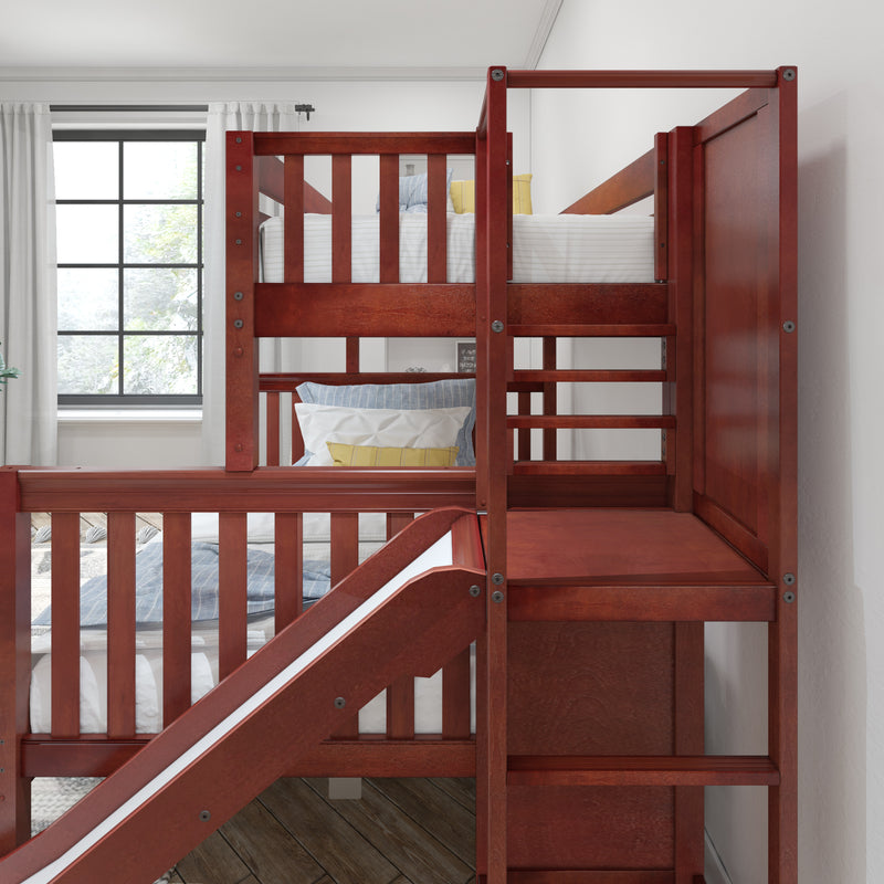 MELD XL CS : Bunk Bed Twin XL over Queen High Bunk Bed with Slide Platform, Slat, Chestnut