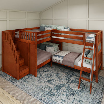 MIDDLE CS : Quad Corner Bunk Full Medium Corner Bunk Bed with Ladder + Stairs - L, Slat, Chestnut