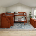 MIDDLE CS : Quad Corner Bunk Full Medium Corner Bunk Bed with Ladder + Stairs - L, Slat, Chestnut