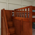 MIDDLE CS : Quad Corner Bunk Full Medium Corner Bunk Bed with Ladder + Stairs - L, Slat, Chestnut
