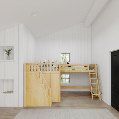 PEAK NS : Corner Loft Bed Full + Twin High Corner Loft Bed with Stairs + Angled Ladder on Right on Front, Natural Birch Slats