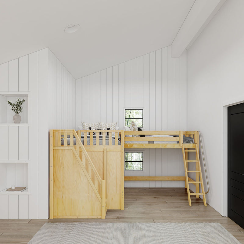 PEAK NS : Corner Loft Bed Full + Twin High Corner Loft Bed with Stairs + Angled Ladder on Right on Front, Natural Birch Slats