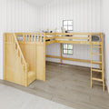 PEAK NS : Corner Loft Bed Full + Twin High Corner Loft Bed with Stairs + Angled Ladder on Right on Front, Natural Birch Slats