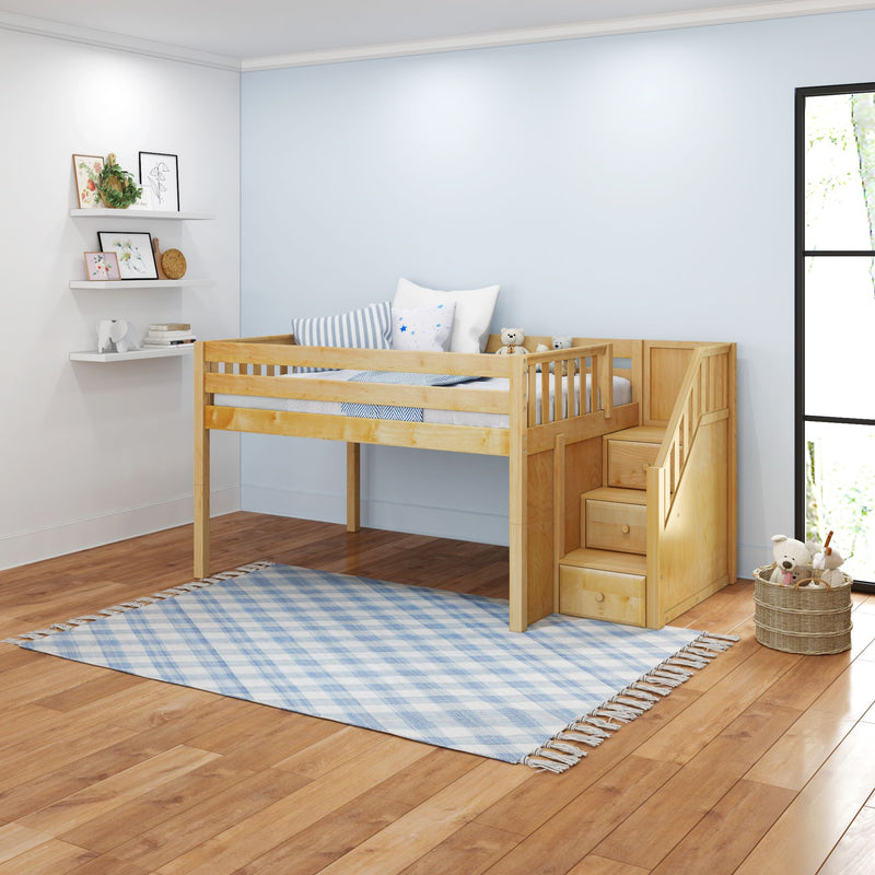 PERFECT NS : Loft Bed Full Low Loft Bed with Stairs on End, Natural Birch Slats