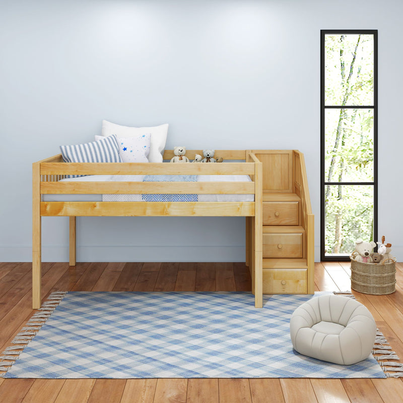 PERFECT NS : Loft Bed Full Low Loft Bed with Stairs on End, Natural Birch Slats