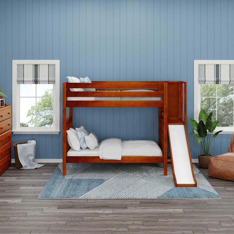 POOF XL CS : Bunk Bed Twin XL High Bunk Bed with Slide Platform, Slat, Chestnut