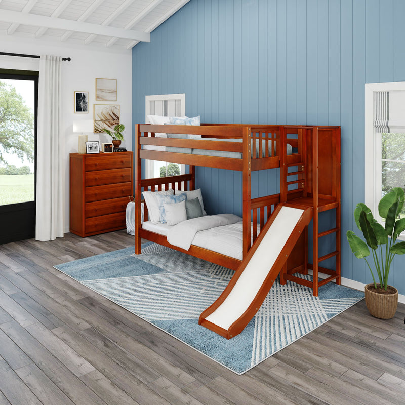 POOF XL CS : Bunk Bed Twin XL High Bunk Bed with Slide Platform, Slat, Chestnut