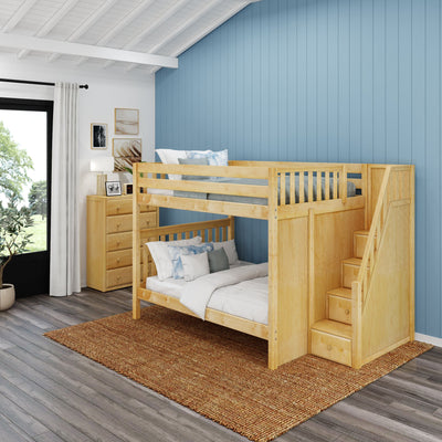 POPPER XL NS : Bunk Bed Classic High Queen Bunk Bed with Stairs on End, Natural Birch Slats