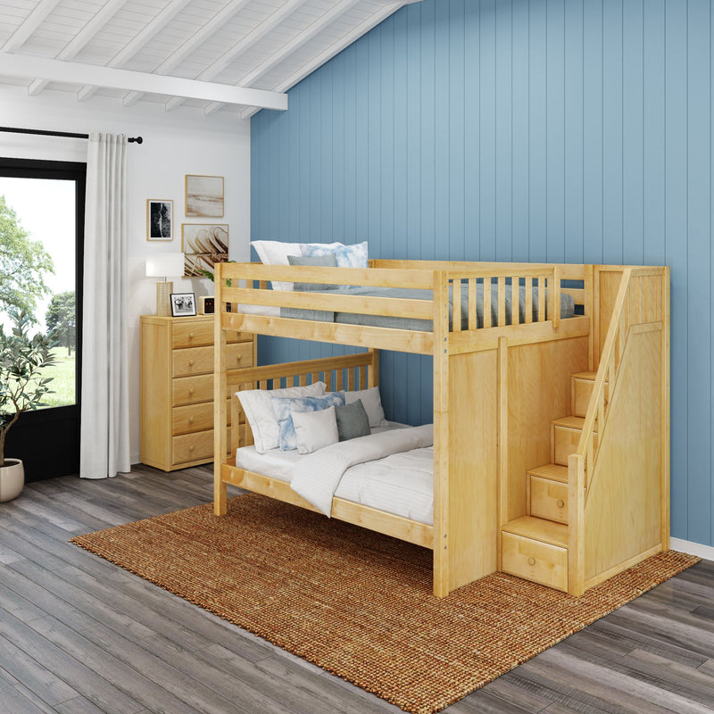 POPPER XL NS : Bunk Bed Classic High Queen Bunk Bed with Stairs on End, Natural Birch Slats