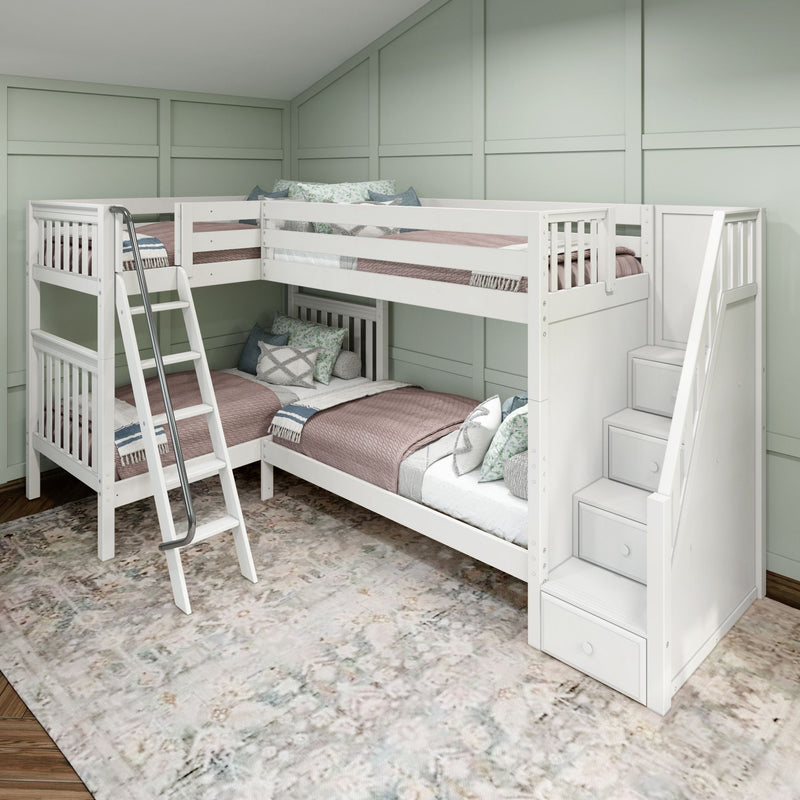 QUAD WS : Quad Corner Bunk Twin High Corner Bunk Bed with Angled Ladder and Stairs on Right, Slat, White