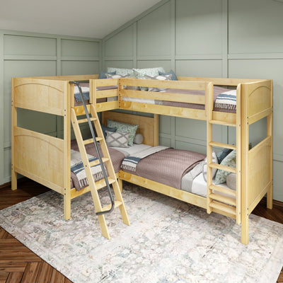 QUADRANT NP : Quad Corner Bunk Full + Twin High Quad Corner Bunk with Left Angled Ladder + Right Straight Ladder on Front, Natural Birch Panel