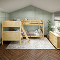 QUADRANT NP : Quad Corner Bunk Full + Twin High Quad Corner Bunk with Left Angled Ladder + Right Straight Ladder on Front, Natural Birch Panel