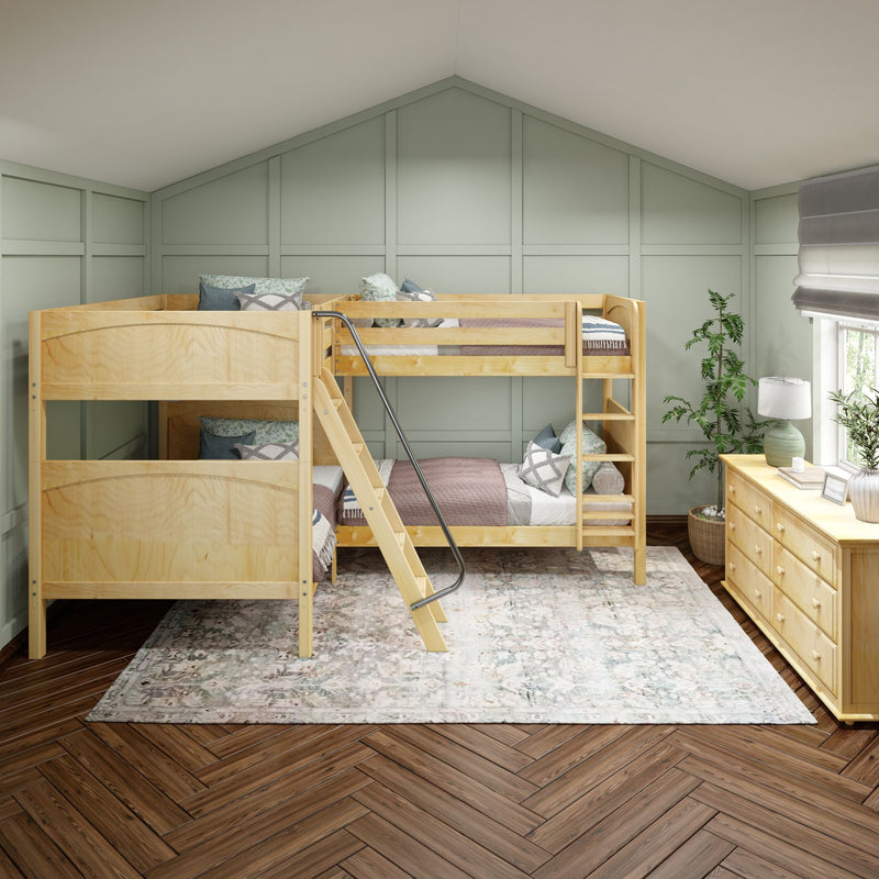 QUADRANT NP : Quad Corner Bunk Full + Twin High Quad Corner Bunk with Left Angled Ladder + Right Straight Ladder on Front, Natural Birch Panel