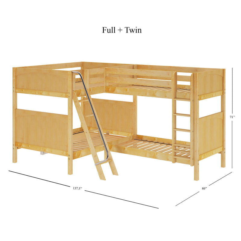 QUADRANT NP : Quad Corner Bunk Full + Twin High Quad Corner Bunk with Left Angled Ladder + Right Straight Ladder on Front, Natural Birch Panel