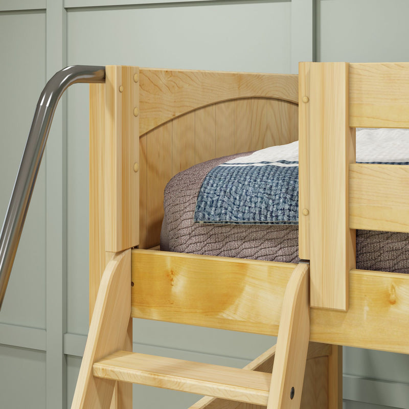 QUADRANT NP : Quad Corner Bunk Full + Twin High Quad Corner Bunk with Left Angled Ladder + Right Straight Ladder on Front, Natural Birch Panel