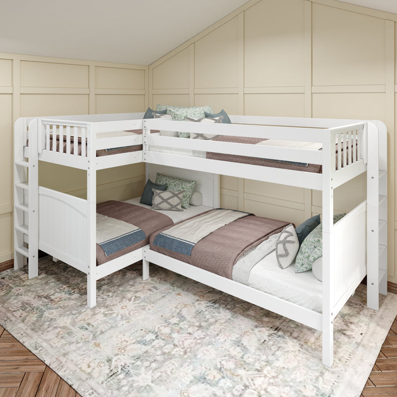 QUADRANT XL 1 WP : Quad Corner Bunk Full XL + Twin XL High Corner Bunk with Straight Ladders on Ends, White, Panel