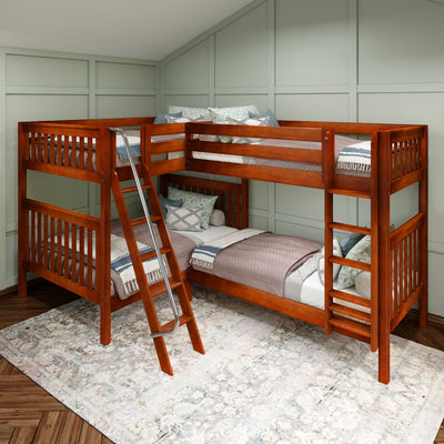 QUADRANT XL CS : Quad Corner Bunk Twin XL over Full XL High Corner Bunk Bed with Angled and Straight Ladder, Slat, Chestnut