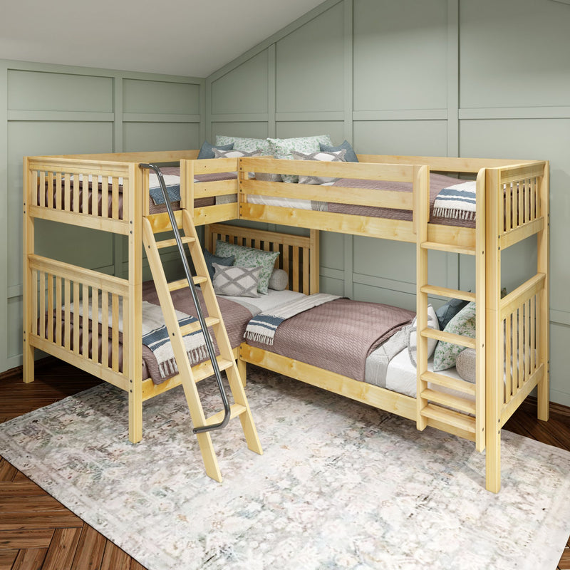 QUADRANT XL NS : Quad Corner Bunk Twin XL over Full XL High Corner Bunk Bed with Angled and Straight Ladder, Slat, Natural