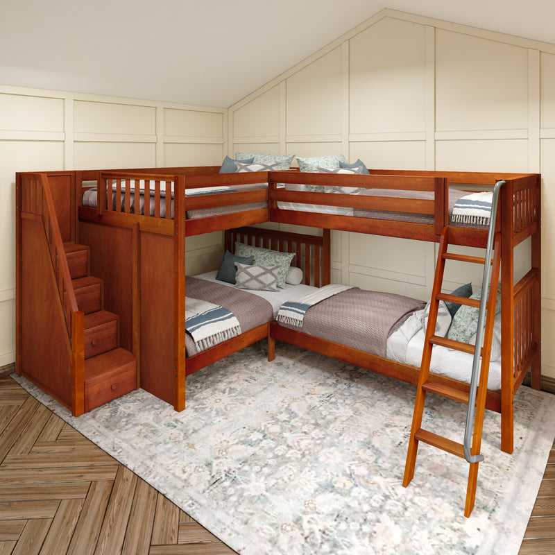 QUADRIVIAL XL CS : Quad Corner Bunk Queen + Twin XL High Quad Corner Bunk with Stairs + Angled Ladder on Right Front, Chestnut Slats