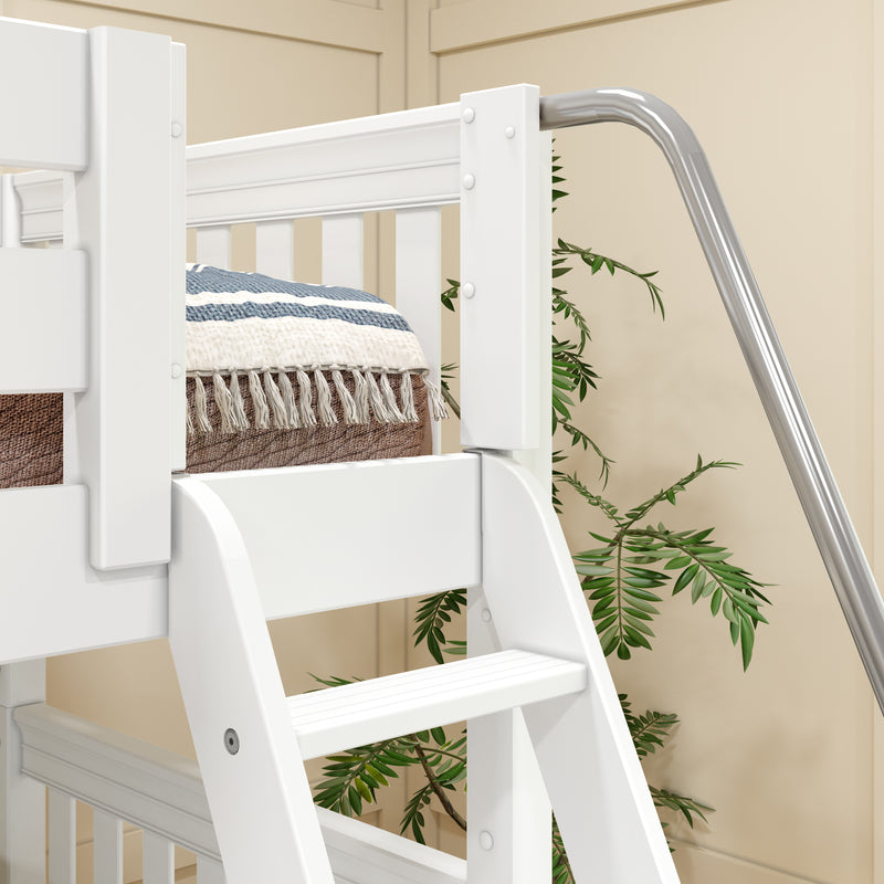 QUADRIVIAL XL WS : Quad Corner Bunk Queen + Twin XL High Quad Corner Bunk with Stairs + Angled Ladder on Right Front, Classic White Slats