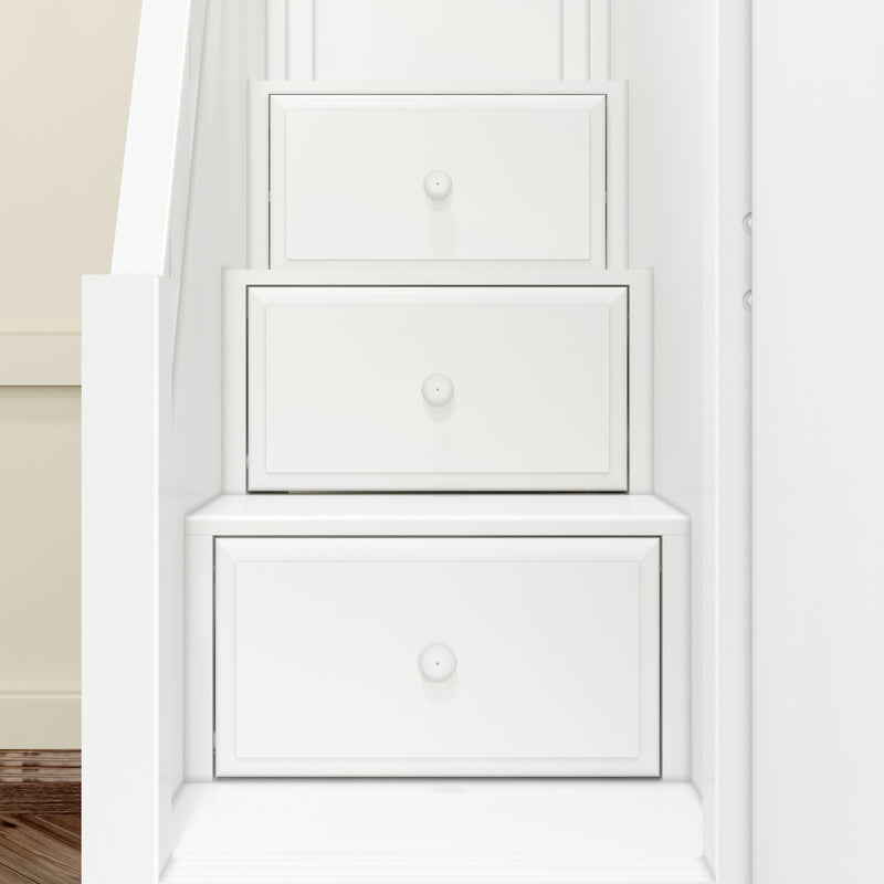 QUADRIVIAL XL WS : Quad Corner Bunk Queen + Twin XL High Quad Corner Bunk with Stairs + Angled Ladder on Right Front, Classic White Slats