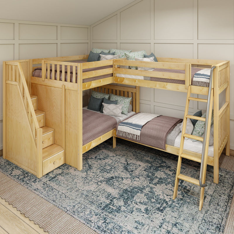 QUADRUPLE XL NS : Quad Corner Bunk Full XL + Twin XL High Corner Bunk with Angled Ladder and Stairs on Left, Slat, Natural