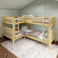 QUART XL NS : Quad Corner Bunk Queen + Twin XL High Quad Corner Bunk with Two Straight Ladders on Front, Natural Birch Slats