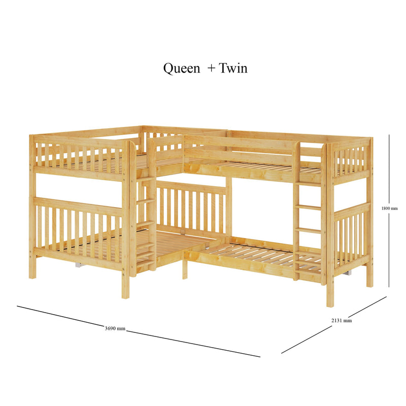 QUART XL NS : Quad Corner Bunk Queen + Twin XL High Quad Corner Bunk with Two Straight Ladders on Front, Natural Birch Slats