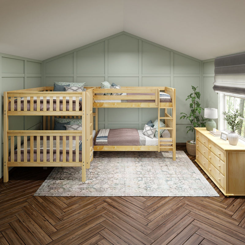 QUART XL NS : Quad Corner Bunk Queen + Twin XL High Quad Corner Bunk with Two Straight Ladders on Front, Natural Birch Slats