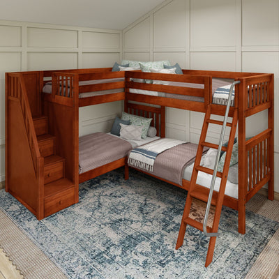 QUARTILE XL CS : Quad Corner Bunk Twin XL High Quad Corner Bunk with Stairs + Angled Ladder on Right Front, Chestnut Slats