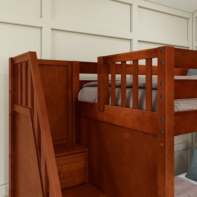 QUARTILE XL CS : Quad Corner Bunk Twin XL High Quad Corner Bunk with Stairs + Angled Ladder on Right Front, Chestnut Slats