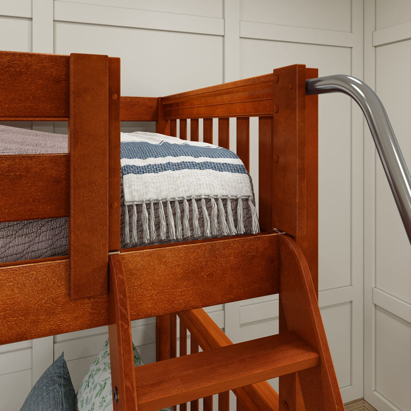 QUARTILE XL CS : Quad Corner Bunk Twin XL High Quad Corner Bunk with Stairs + Angled Ladder on Right Front, Chestnut Slats