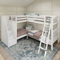 QUARTILE XL WS : Quad Corner Bunk Twin XL High Quad Corner Bunk with Stairs + Angled Ladder on Right Front, Classic White Slats