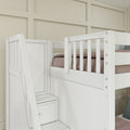QUARTILE XL WS : Quad Corner Bunk Twin XL High Quad Corner Bunk with Stairs + Angled Ladder on Right Front, Classic White Slats