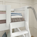 QUARTILE XL WS : Quad Corner Bunk Twin XL High Quad Corner Bunk with Stairs + Angled Ladder on Right Front, Classic White Slats