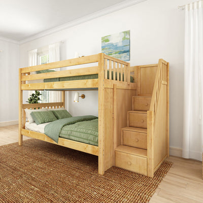 QUASAR NS : Bunk Bed Classic Mid Full Bunk Bed with Stairs on End, Natural Birch Slats