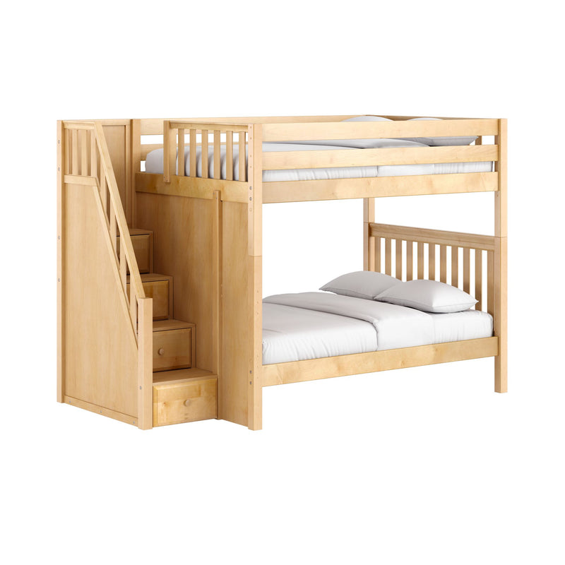 QUASAR NS : Bunk Bed Classic Mid Full Bunk Bed with Stairs on End, Natural Birch Slats